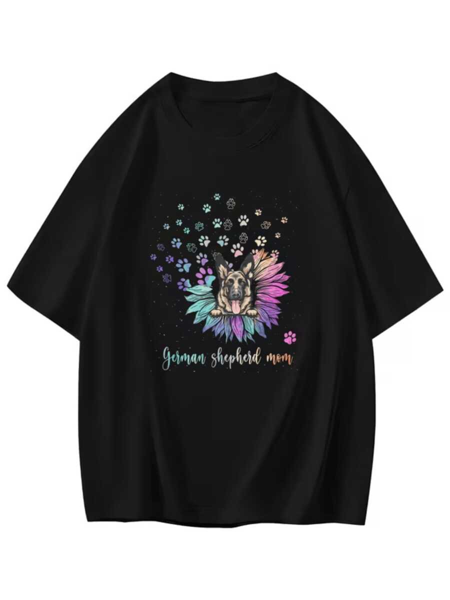 Flores coloridas rodean el rostro majestuoso de un pastor alemán que simboliza la fuerza la lealtad y el amor entre humanos y animales camiseta de mujer casual moderna para amantes de los perros - Negro - Ver 1