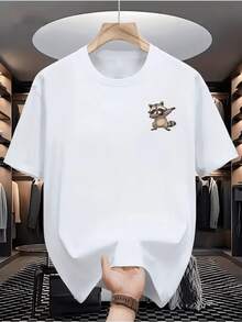 Camiseta Casual de Manga Corta para Hombre - Camiseta de Verano Transpirable con Cuello Redondo, Estampado de Moda "Raccoon", Lavable a Máquina, Corte Regular, Adecuada para Uso Casual, Ropa Casual de Verano. - Blanco - Ver 1