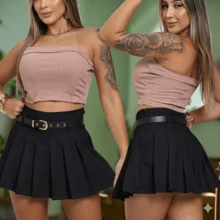 Women's Tailored Pleated Short Skirt With Belt, Schoolgirl Style, Summer, Simple, Party, Sexy Fabric, With Belt, Sizes P To G, Beach, Home, Street, Timeless - màu đen - Xem 2