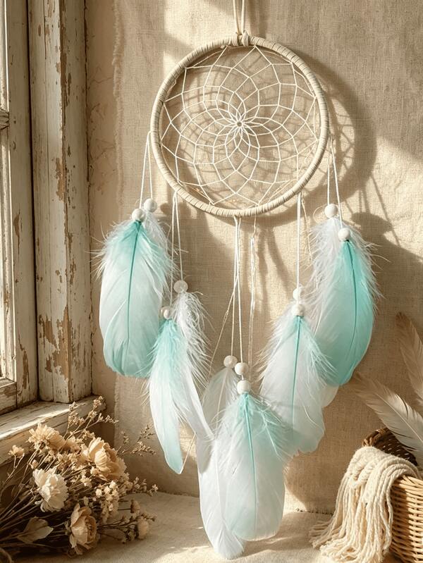 1 pieza Atrapasueños de plumas de estilo boho en degradado verde menta, decoración de pared hecha a mano tejida, estética para dormitorio, ventana, hogar, decoración bohemia, regalo creativo para ocasiones especiales, inauguración de casa, amistad
