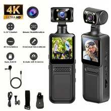 Cámara portátil para vlogging 4K | Lente CMOS de 270° giratorio de 1.33", carga USB, micrófono incorporado y estabilización, adecuada para transmisión en vivo, vlogging, viajes, deportes - Negro - Ver 1