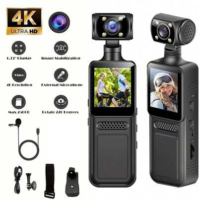 4K Portable Vlogging Camera | 270° Rotating 1.33" CMOS Lens, USB Charging, Built-In Microphone And Stabilization, Suitable For Live Streaming, Vlogging, Travel, Sports