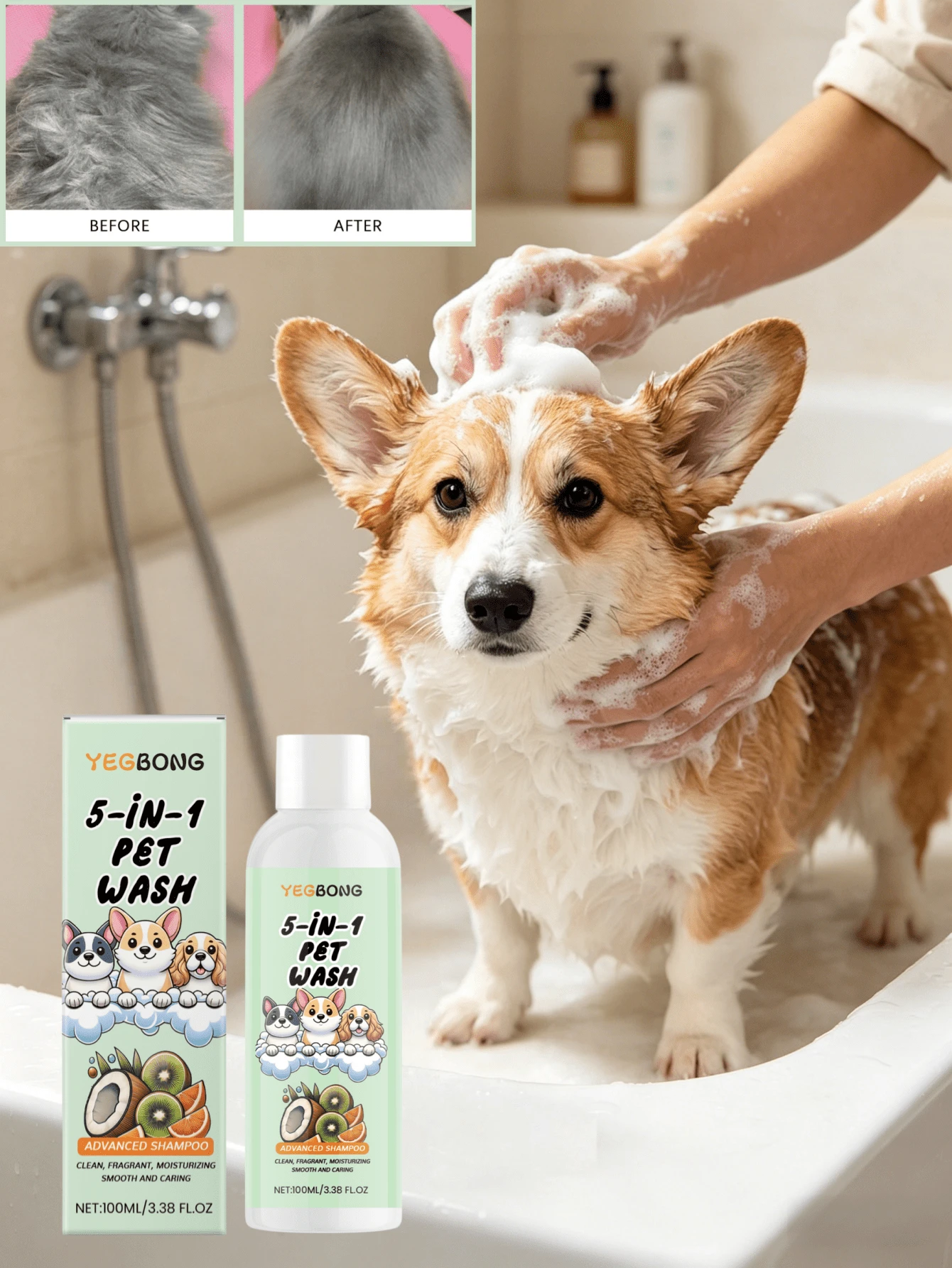 Dầu gội 5 trong 1 cho thú cưng với chiết xuất thực vật, công thức nuôi dưỡng và gỡ rối dành cho chó và mèo.