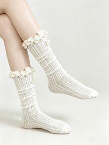 1/2 đôi tất mỏng, ngọt ngào, ren, xếp ly, nơ, dài đến bắp chân, thích hợp cho mùa xuân/hè. - Nhiều màu - Xem 7