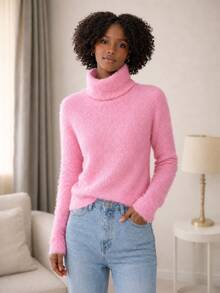 Furry Spotted Turtleneck Rabbit Wool Blouse – Soft, Elegant And Comfortable Rabbit Wool Turtleneck Blouse | Sophistication And Comfort - Baby Pink - View 1