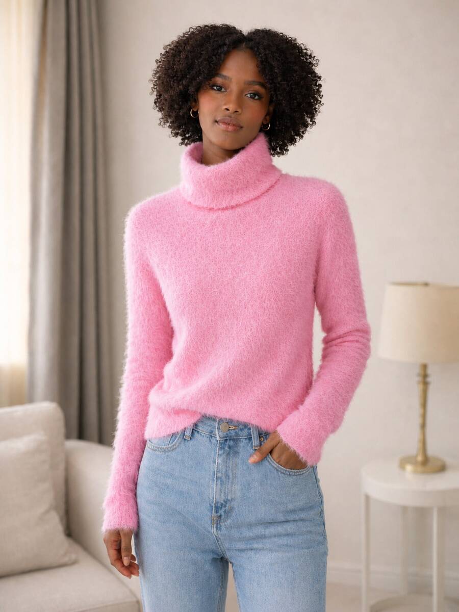 Furry Spotted Turtleneck Rabbit Wool Blouse – Soft, Elegant And Comfortable Rabbit Wool Turtleneck Blouse | Sophistication And Comfort - Baby Pink - View 1