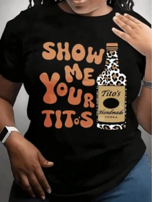 Women's T-Shirt Show Me Your Tito's Vodka Bottle Short Sleeve Crew Neck Casua Suitable For Spring And Summer - màu đen - Xem 1