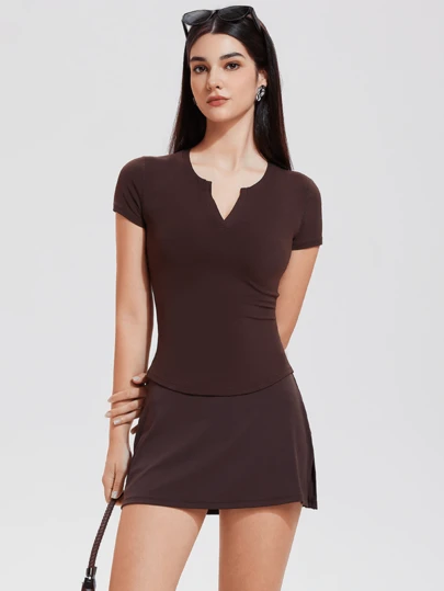 KyrLssu Conjunto de dos piezas - Top de manga corta con escote en pico y falda