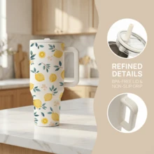 1 peça Copo térmico isolado de aço inoxidável de 40oz com estampa de limão, alça e palhinha, copo de viagem térmico com frutas de verão, isolamento a vácuo de parede dupla mantém quente 12 horas e frio 24 horas, garrafa de água compatível com porta-copos de grande capacidade, presente fofo para mulheres, mães e amigas - Damasco - Ver 5