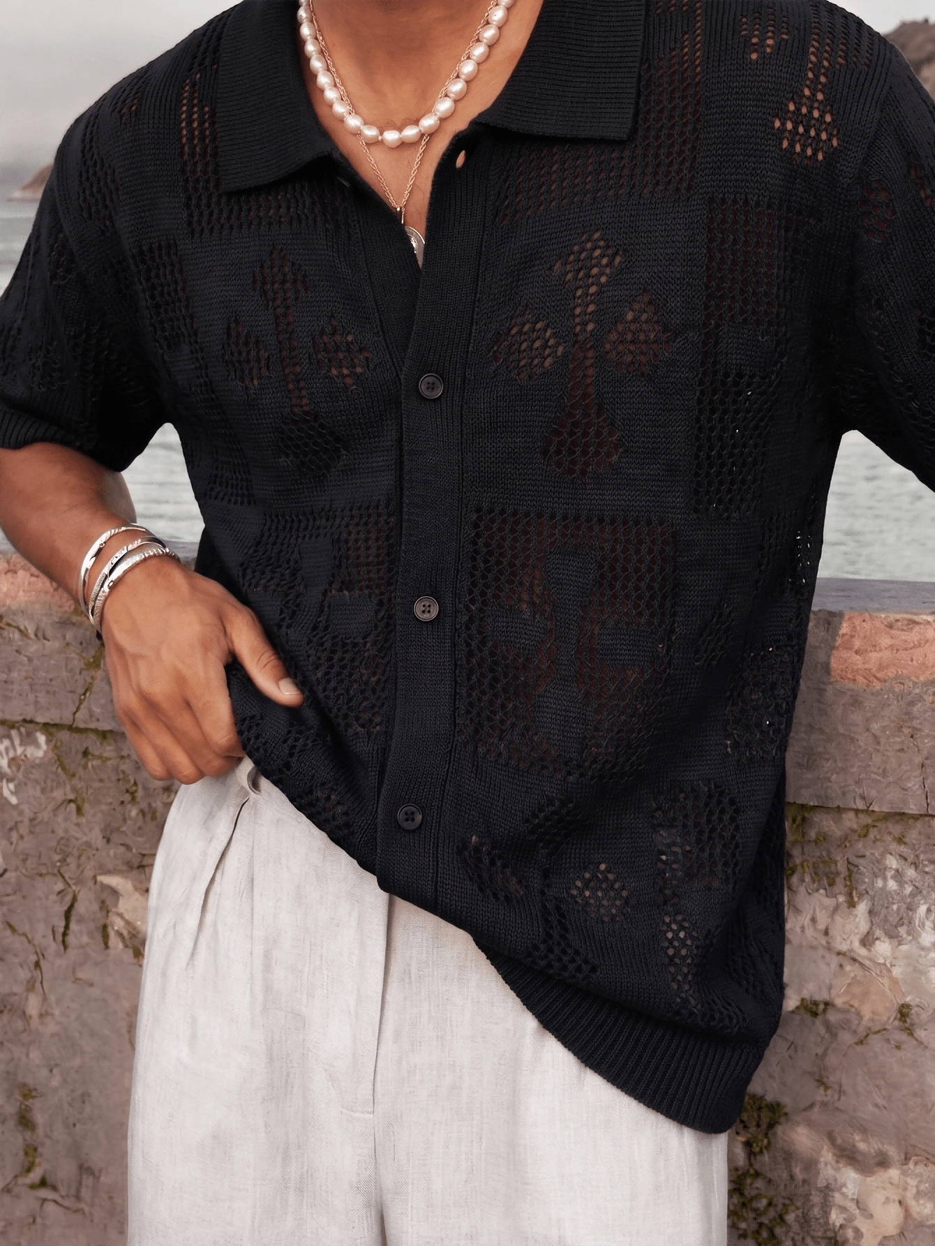 Áo khoác cardigan nam/nữ cổ polo dáng ngắn tay, chất liệu hơi mỏng, cài nút, thích hợp mặc đi làm, phong cách thường ngày, mùa xuân/hè của ANDREILEE, màu đen. - màu đen - Xem 1