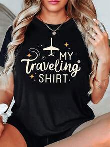 Avión despegando rodeado de estrellas simboliza el deseo de explorar nuevos horizontes y vivir aventuras sin límites camiseta de mujer cómoda casual para viajes y días relajados - Negro - Ver 8