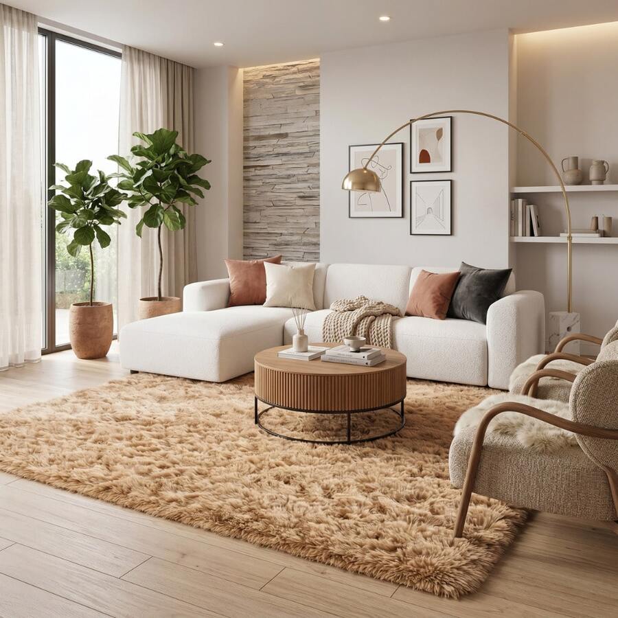 Large Soft Shaggy Rug 2.00x2.50m, Non-Slip, For Living Room And Bedroom, Various Colors - Beige - View 1