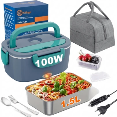 100W Electric Lunch Box Food Heater, 1.5L Stainless Steel Self-Heating Lunch Box For Adults, Portable Heating Lunch Box With Adapter, Utensils & Insulated Bag, Suitable For Car, Truck & Office (Blue)