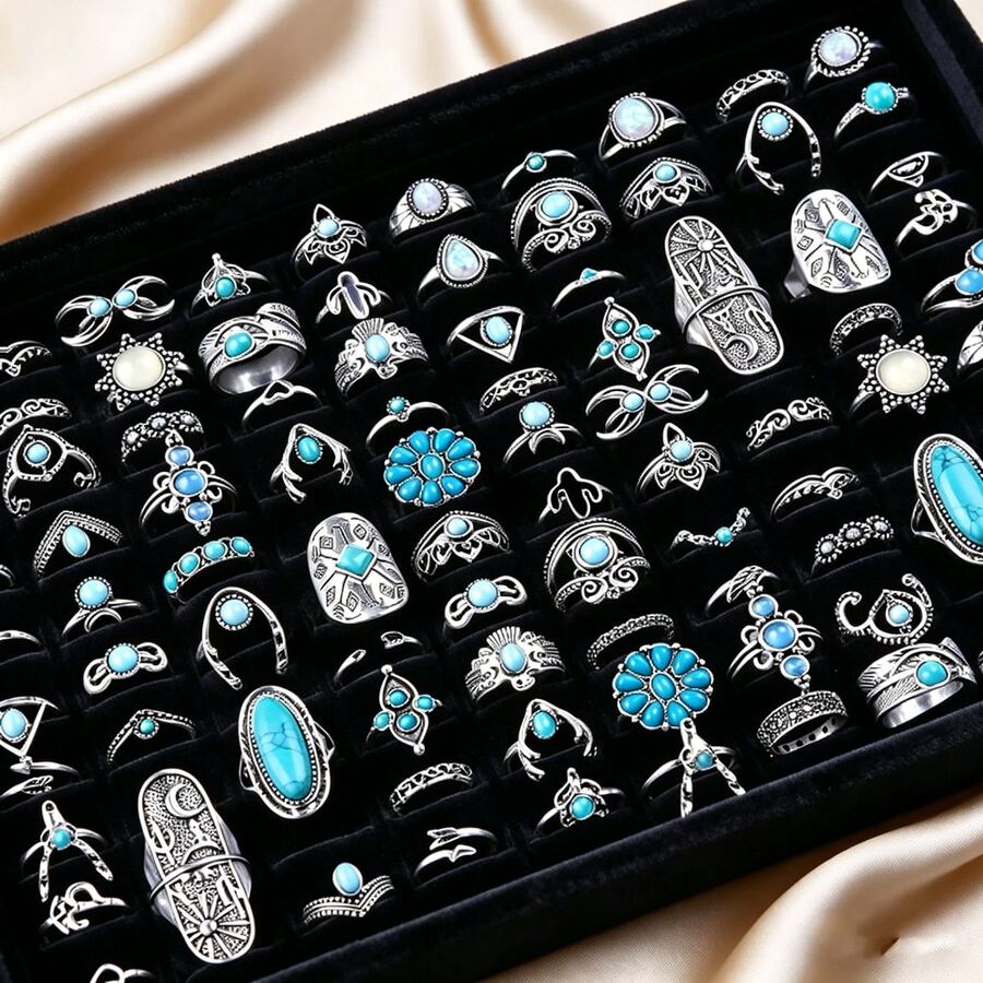 15 buah Cincin Paduan Logam Bertatahkan Batu Turkuois Buatan, Cincin Pasangan Gaya Campuran Bohemian Vintage, Aksesori Jari untuk Pesta & Pemakaian Sehari-hari, Hadiah Perhiasan Fashion, Pengiriman Acak - 15 cincin Bohemian acak - View 1