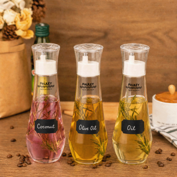 1/3pcs Transparent Glass Oil Bottle With Dust-Proof Lid, 304 Stainless Steel Spout, Soy Sauce Vinegar Sesame Oil Seasoning Bottle, Coffee Syrup Dispenser, Kitchen Cooking Tool, Includes Stickers