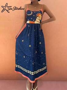海星闪亮新款春夏女装时尚优雅休闲度假风星系白马菱形图案设计无袖吊带露背中长连衣裙 - 彩色 - 查看 3
