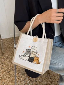 Cartoon Katzen Muster Tragetasche, Buchstaben Muster, wiederverwendbare bedruckte Handtasche für Frauen, Doppelgriff Einkaufs-/Schultasche, große Kapazität Schultertasche, Casual Tragetasche, Valentinstag Aufbewahrungstasche Lunchpaket, geeignet für Pendeln, Schule und Einkaufen, praktisch für Outdoor-Aktivitäten - Verschiedenfarbig - Übersicht 3