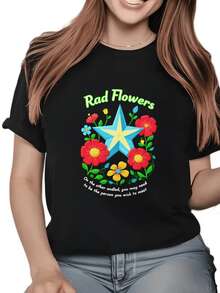 Blue Star Surrounded By Colorful Flowers Symbolizing Positive Energy And Friendship, Showing Natural Joy With An Inspirational Message. Casual, Comfortable, And Stylish Women's T-Shirt For Everyday Wear. - 黑色 - 查看 1