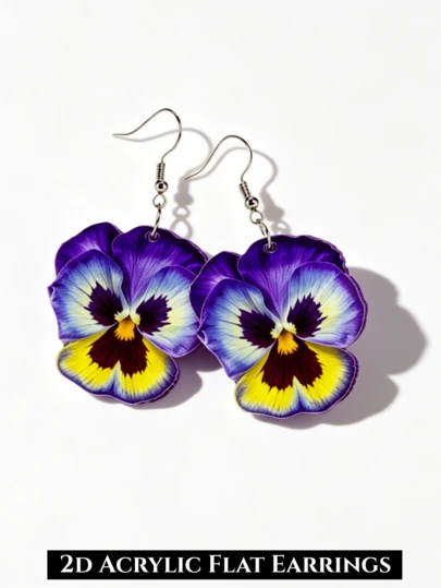 2D akryl trefärgade örhängen med penséblomma, lila symboliserar osjälvisk kärlek, lämpliga för vardagsbruk och fester, alla hjärtans dag-present, utsökt present, högtidsörhängen