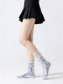 1 par de calcetines de media caña brillantes de unicolor con flores de encaje dulce en negro/blanco/amarillo/plateado, para primavera/verano - Multicolor - Ver 8