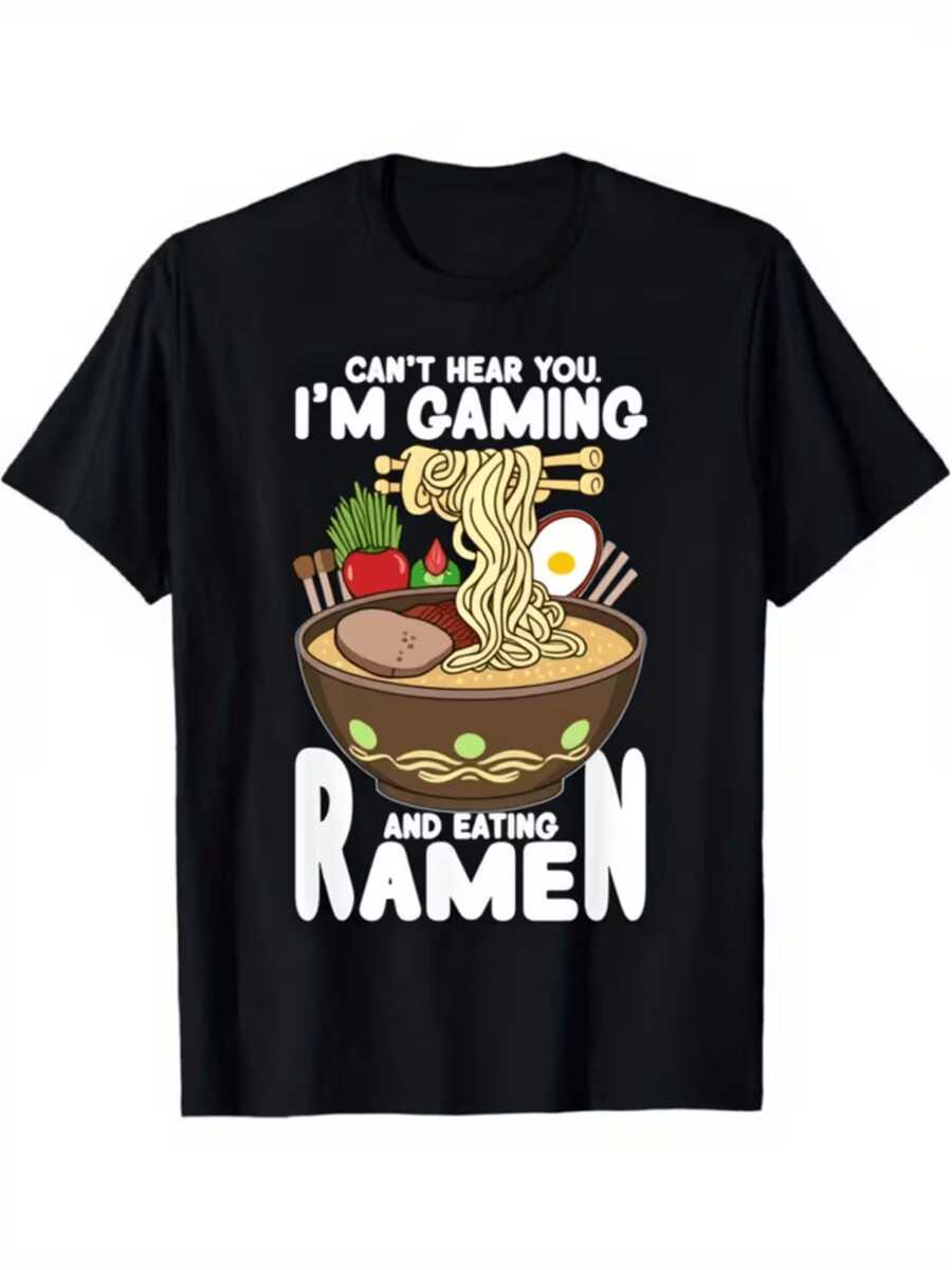 A Fun Graphic Shows A Large Bowl Of Ramen With Steaming Noodles, Fresh Vegetables, Chopsticks, And Text About Enjoying Food While Playing Games, Combining Humor And A Passion For Video Games. Modern Casual Women's T-Shirt - 黑色 - 查看 1