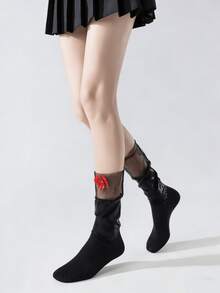 1 par de calcetines de media caña brillantes de unicolor con flores de encaje dulce en negro/blanco/amarillo/plateado, para primavera/verano - Multicolor - Ver 5