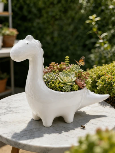 1pc Cute Dinosaur Succulent Planter, White/Pink Cartoon Animal Plant Pot, Desktop Mini Flower Pot For Home Office Bedroom Vanity Decor, Giftable Indoor Garden Decoration