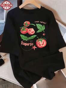 Tomates rojos jugosos con hojas verdes que transmiten frescura natural y un espíritu veraniego alegre simbolizando vitalidad y dulzura camiseta de mujer casual cómoda con estampado moderno - Negro - Ver 1