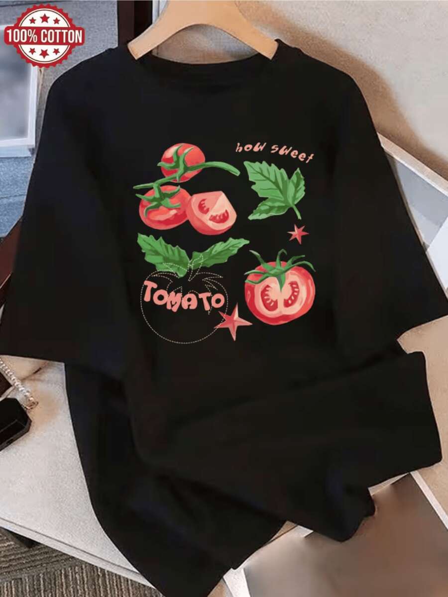 Tomates rojos jugosos con hojas verdes que transmiten frescura natural y un espíritu veraniego alegre simbolizando vitalidad y dulzura camiseta de mujer casual cómoda con estampado moderno - Negro - Ver 1