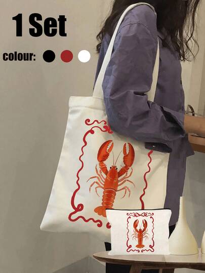 Bolso de playa con langosta roja para mujer, set de bolso neutro que incluye bolso de hombro y bolso de belleza, estilo minimalista universitario, regalos para amantes de los langostas, bolsas reutilizables para compras y fiestas