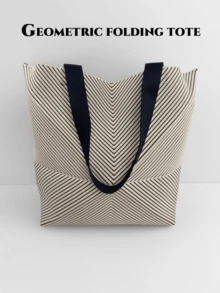 Women's Geometric Striped Knitted Handbag, Foldable Ivory Large Shoulder Tote Bag, Lightweight For Shopping, Commuting, Travel - Ivory - View 3
