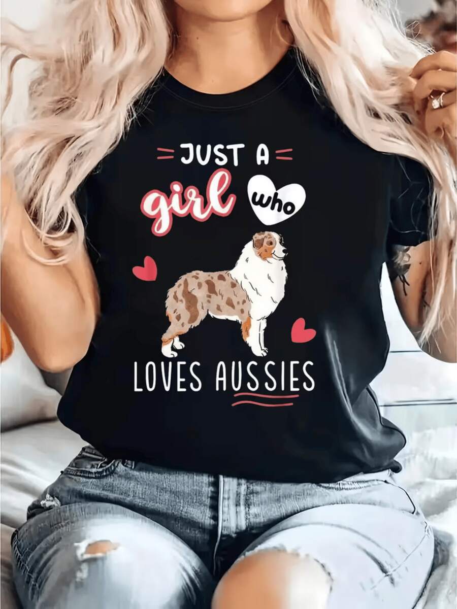 Australian Shepherd Dog Surrounded By Hearts Symbolizing Love, Loyalty, And Positive Energy In A Fun Phrase Expressing Pride And Affection For Animals. Women's Casual, Comfortable, And Modern T-Shirt For Everyday Wear. - Black - View 1