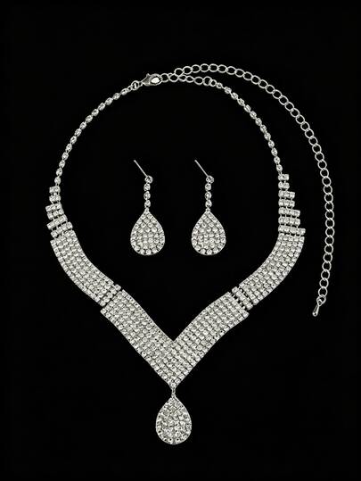 3pcs Bridal Full Rhinestone Teardrop Jewelry Set, Silver-Plated V-Neck Rhinestone Necklace + Teardrop Pendant Earrings + Bracelet, Sparkling Luxurious Accessories Suitable For Wedding/Prom/Formal Events