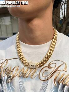 1pc Premium-Look 14K Gold Plated Sculpted Cuban Link Chain Necklace Or Bracelet, Curved Pavé S Emblem Clasp, Mirror-Polished Statement Jewelry - 彩色 - 查看 9