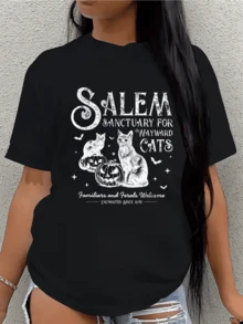 Dos gatos místicos rodeados de calabazas y estrellas evocan un refugio encantado donde la magia y la noche se encuentran con serenidad camiseta de mujer casual con estampado esotérico elegante y cómodo - Negro - Ver 1