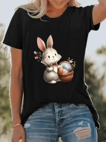 Cute Rabbit Holding A Basket Of Colorful Eggs And Flowers Conveying Joy And Sweetness, Ideal For Relaxed Days. Comfortable And Modern Women's T-Shirt For Everyday Wear. - 黑色 - 查看 1