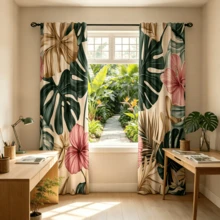 2 pièces Rideaux transparents imprimés de plantes tropicales, avec des feuilles de Monstera en or et vert et des fleurs d'hibiscus en rose, impression 2D, rideaux d'été légers convenant pour le salon, la chambre, le bureau et la décoration de la maison - Multicolore - Voir 7