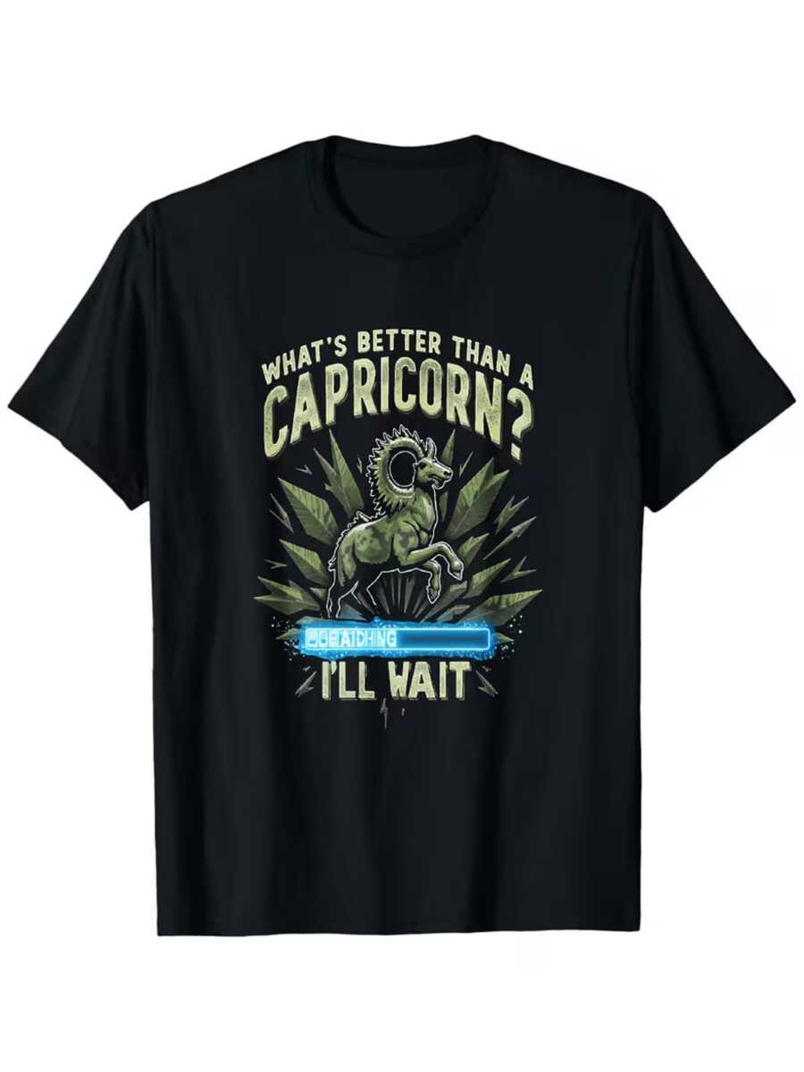 Figura de cabra astrológica que simboliza la fuerza y la paciencia del signo Capricornio rodeada de energía luminosa verde y azul con mensaje divertido que inspira confianza y equilibrio en cada paso camiseta de mujer casual cómoda perfecta para expresar tu personalidad - Negro - Ver 1