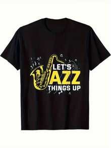 Saxofón dorado que evoca la energía del jazz con notas musicales flotando simbolizando ritmo pasión y creatividad para quienes disfrutan de la música camiseta de mujer moderna casual para melómanas - Negro - Ver 8