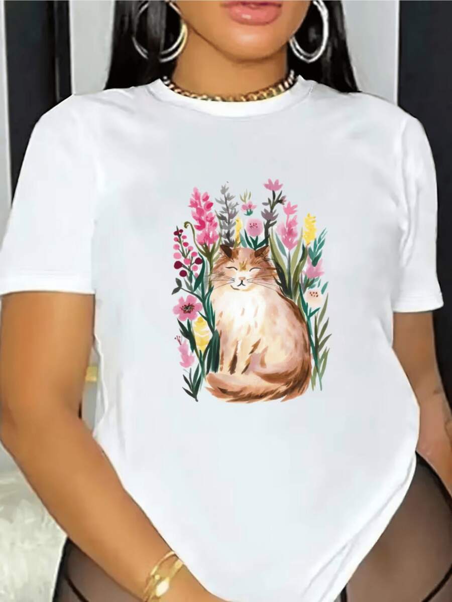 Gato dormido rodeado de flores coloridas que simbolizan serenidad armonía y conexión con la naturaleza camiseta de mujer casual cómoda y moderna para uso diario - Blanco - Ver 1