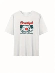 Sol radiante descendiendo sobre el mar entre palmeras verdes evocando libertad serenidad y espíritu veraniego con personas disfrutando la  camiseta de mujer casual moderna cómoda para uso diario - Blanco - Ver 1