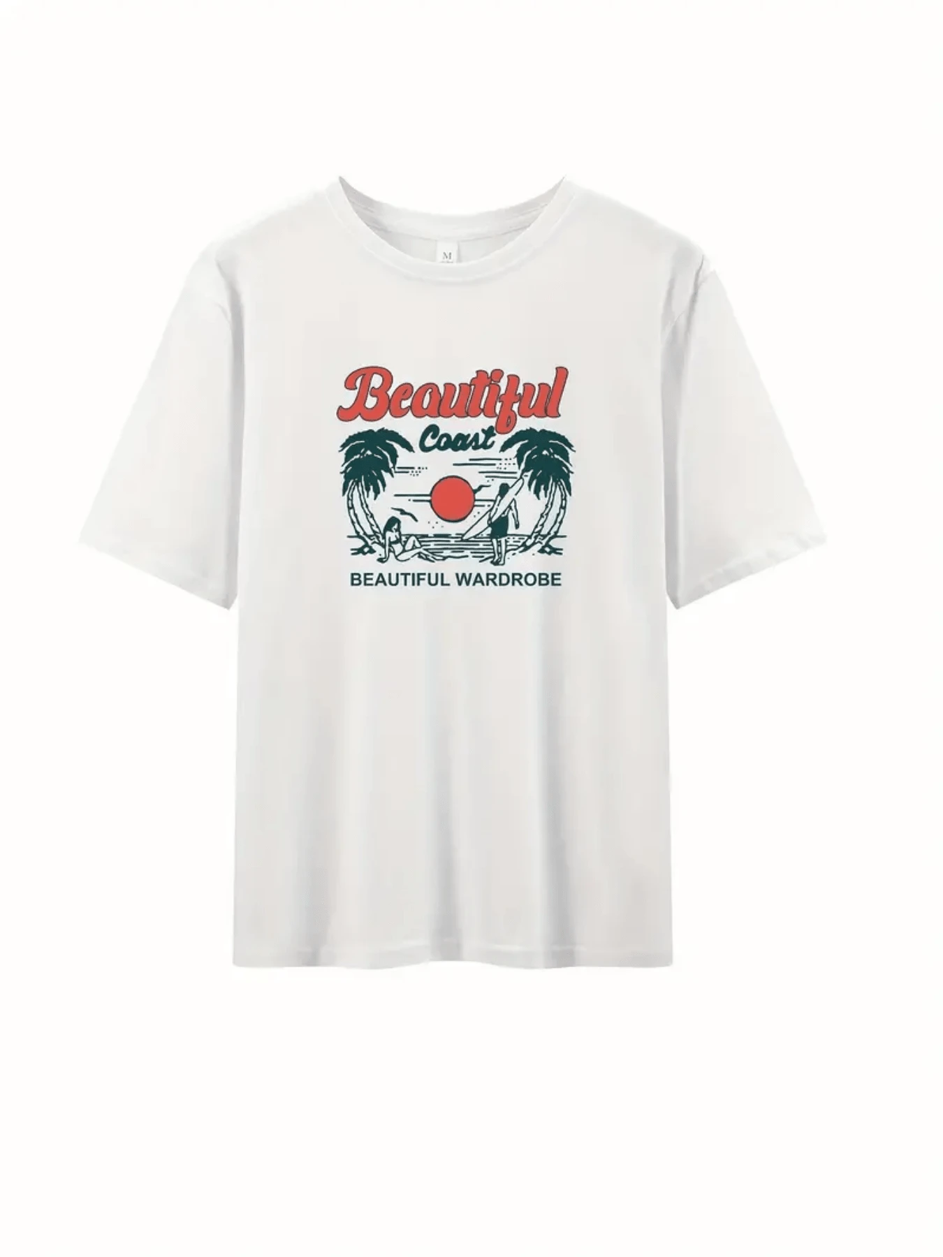 Sol radiante descendiendo sobre el mar entre palmeras verdes evocando libertad serenidad y espíritu veraniego con personas disfrutando la camiseta de mujer casual moderna cómoda para uso diario - Blanco - Ver 1