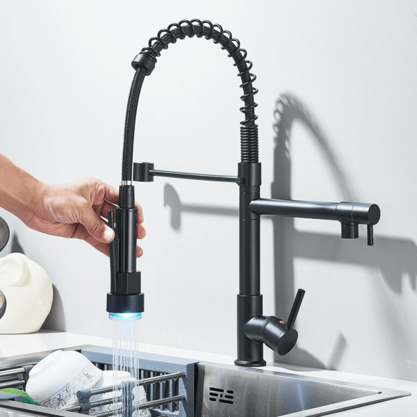 Grifo de cocina Spring con rociador extraíble, moderno, monomando de arco alto, de acero inoxidable, para caravana, con dos caños y LED, níquel cepillado/negro mate.