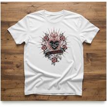 Sacred Heart Ex-Voto Tattoo Art Tee - Crimson & Charcoal Fine Line Design - Blanco - Ver 7