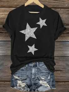 Camiseta de Mujer con Estampado de Estrellas - Top Casual de Manga Corta y Cuello Redondo con Patrón de Estrellas Blancas, Ajuste Medio Elástico, Blusa para Primavera, Verano y Otoño, Lavable a Máquina, Prenda Casual y para Combinar (Camiseta - Estilo Vintage Urbano Unisex, Camiseta de Algodón Holgada de Manga Corta y Cuello Redondo) - Negro - Ver 7