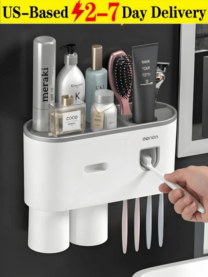 [Delivery Within 2-7 Days In The United States]Sleek Space-Saving Wall Mounted Toothbrush Holder Featuring Automatic Toothpaste Dispenser For Effortless Morning Routines Minimalist Toothpaste Dispenser Designed For Families And Busy Professionals Durable Bathroom Storage Rack Perfect For Small Bathrooms Apartment Dorm Multi-Functional Storage Shelf Set Toothbrush Organizer Bathroom Accessories Home Organization