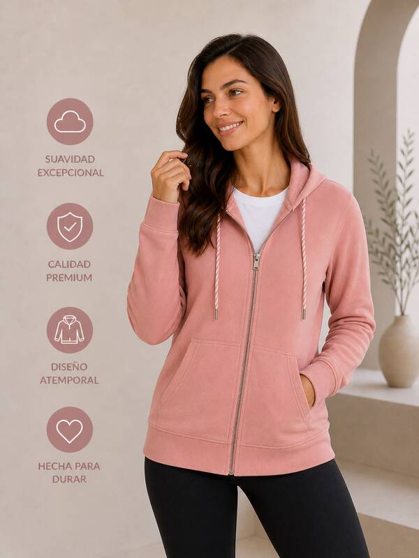 HPC POLO Sudadera para Mujer con Cierre y Gorro Afelpado Color Rosa Vieja Estilo Casual Otoño Invierno Corte Regular Fit Uso Diario con Capucha Bolsillos Funcionales y Ajuste Cómodo