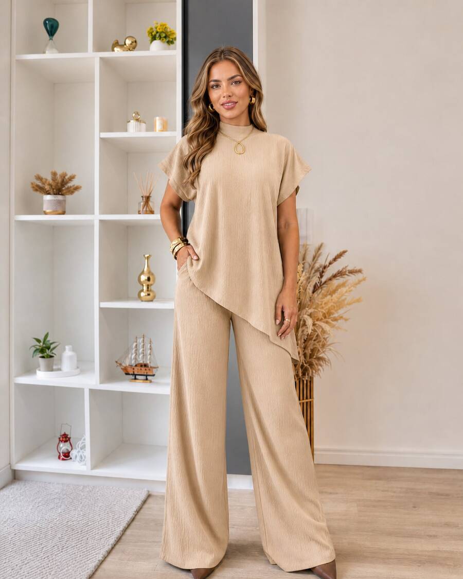 Elegant Women's Set: Asymmetrical Blouse And Comfortable Pants In Anarruga Fabric - 米色 - 查看 1