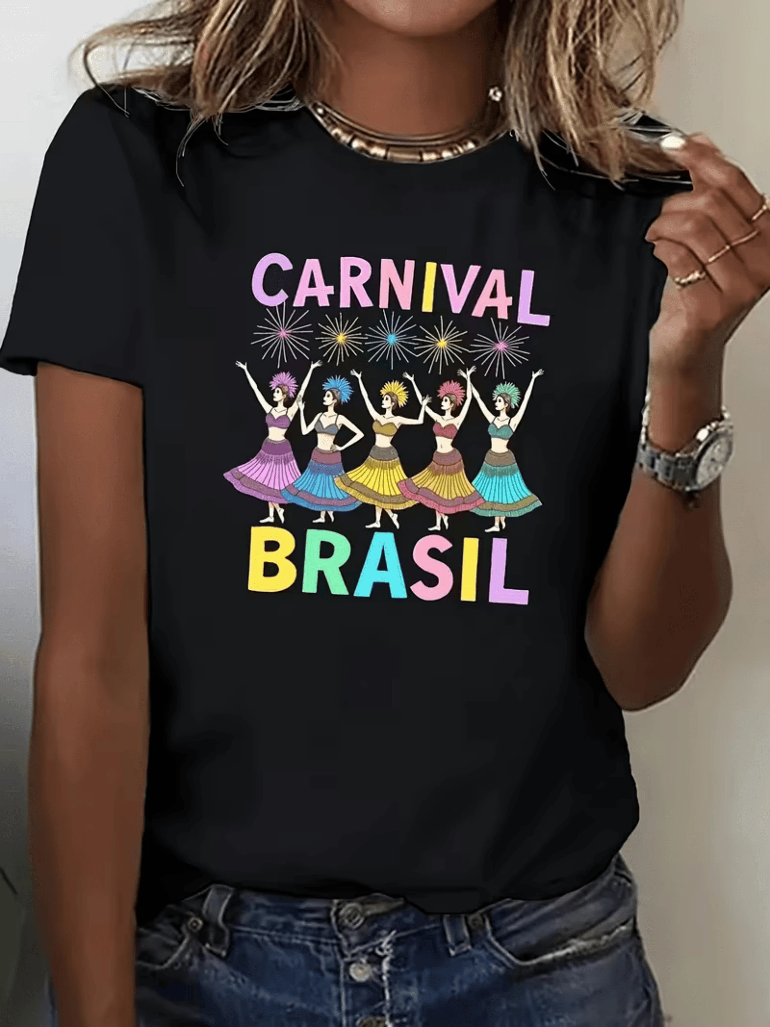 Dancers In Colorful Skirts Celebrating The Joy And Energy Of The Brazilian Carnival Amidst Fireworks; Cheerful Casual Women's T-Shirt Perfect For Summer And Travel - 黑色 - 查看 1