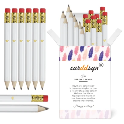 25pcs Mini Heart-Shaped Gold Foil Pencils With Erasers, 4inch/10cm Mini HB Hexagonal Golf Pencils With 1 Pencil Sharpener, Gift For Wedding (White)
